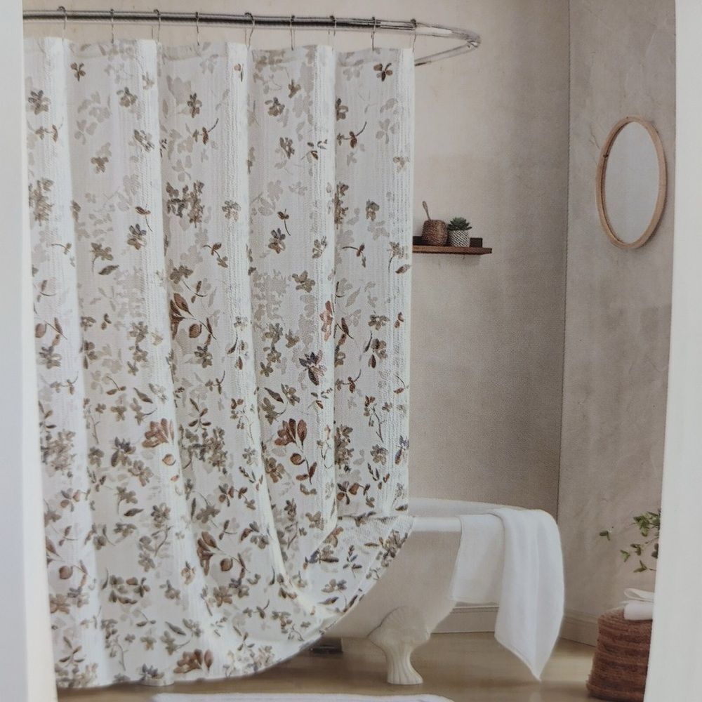 DKNY “Jasper” White Textured Fabric Shower Curtain w/Multicolor Floral Designs